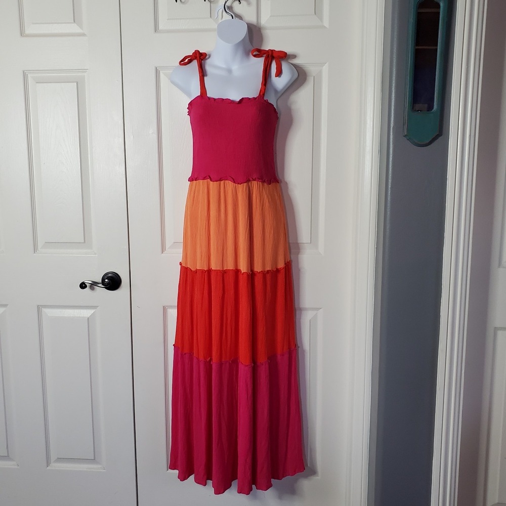 Bebop Colorblock Tiered Maxi Dress PSmocked Tie Strap Bohemian Peasant Medium